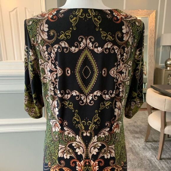 Chelsea Suite Patterned Sheath Dress Green Black Knit Stretch Size 10P - Picture 5 of 9